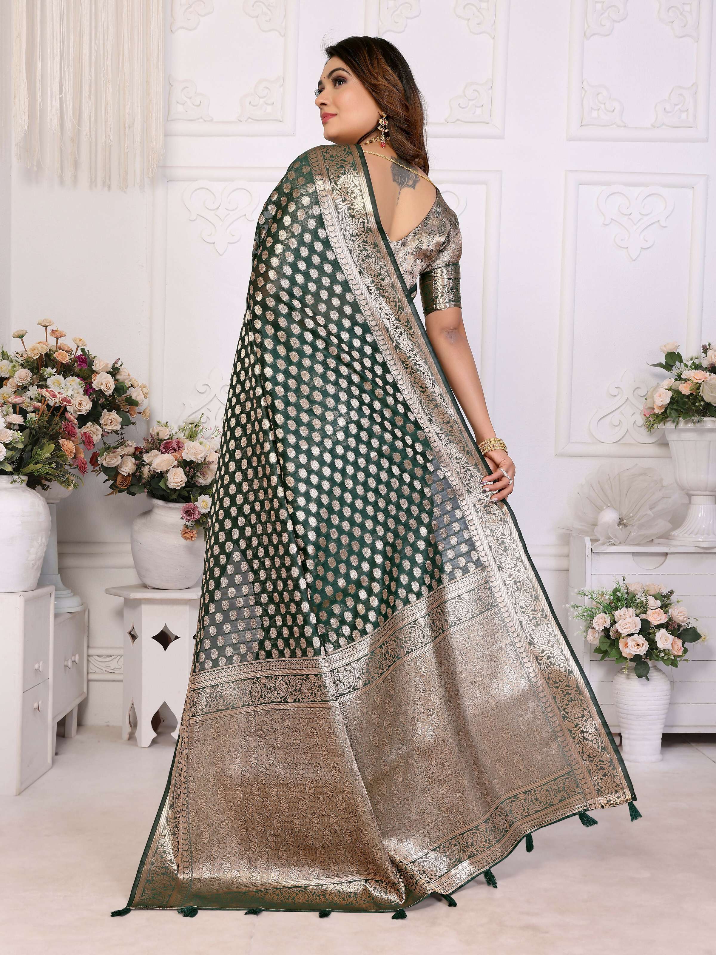 Aastha Fashion Dark Green Organza Silk Weaving Saree - Distacart