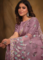 Light Purple Velvet Texture Net Designer Saree with Unstitched Blouse - Norita Mahitha - Distacart