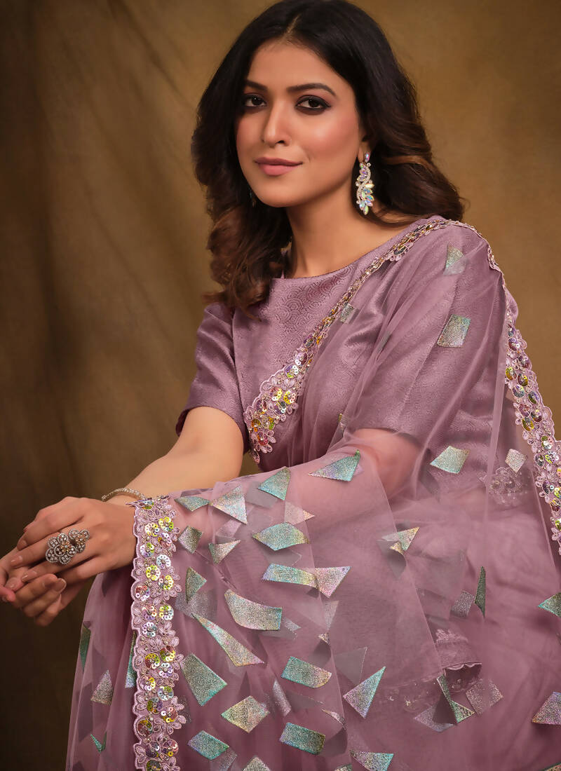 Light Purple Velvet Texture Net Designer Saree with Unstitched Blouse - Norita Mahitha - Distacart