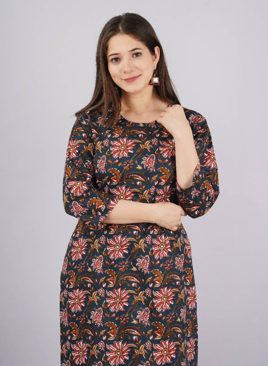 Vamika Printed Cotton Blue Party Wear/Casual Wear Kurta Set/Suit - Distacart