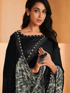 Black Satin Crepe Silk Sequence Embroidered Saree With Unstitched Blouse - Mohmanthan Yavanika