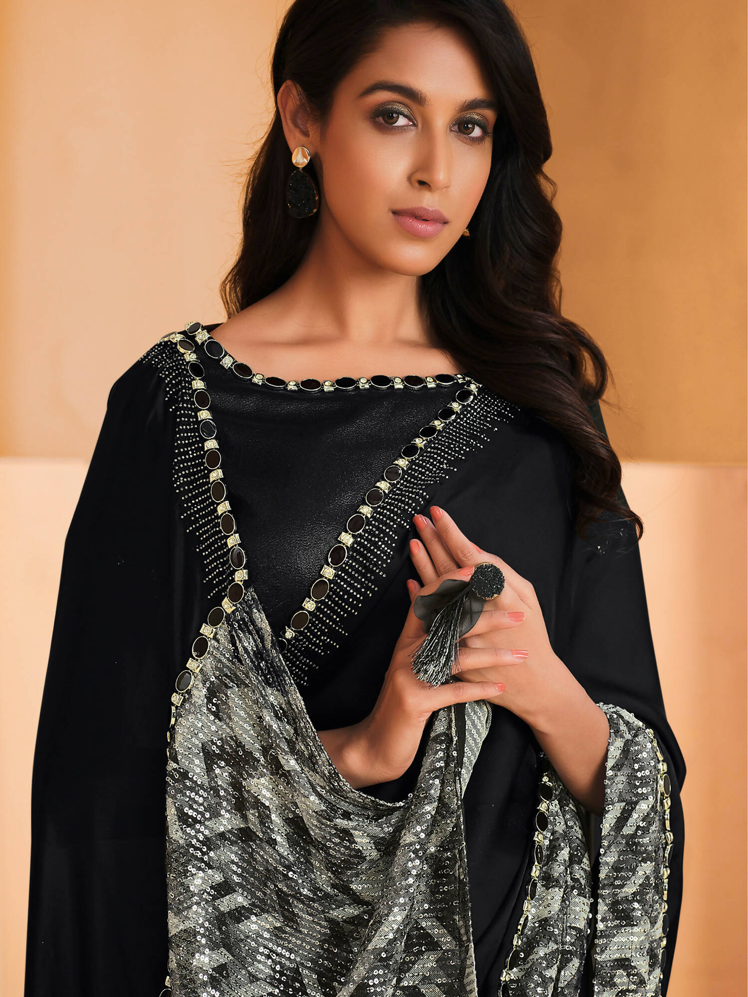 Black Satin Crepe Silk Sequence Embroidered Saree With Unstitched Blouse - Mohmanthan Yavanika