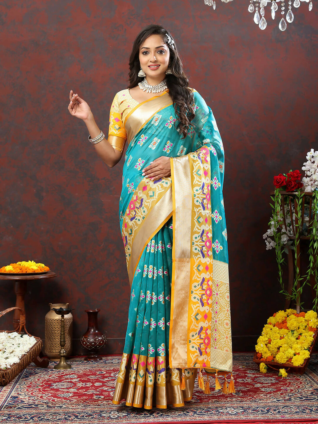 Lorenvalley Fashion Teal Organza Silk Woven Design with Meenakari Weaving Saree
