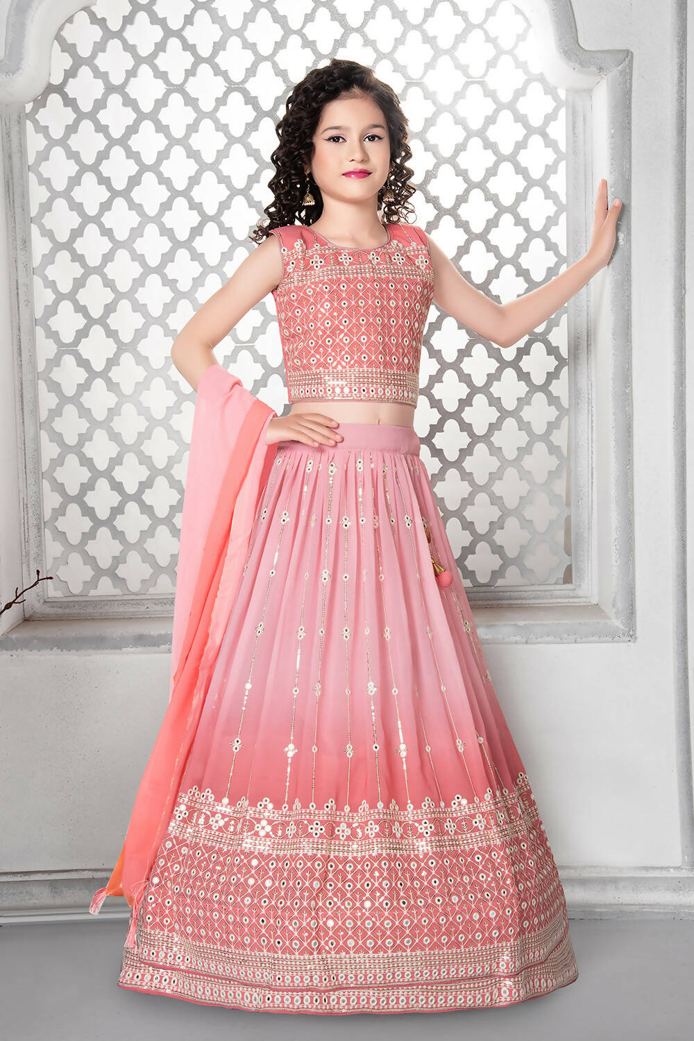 Kids Wedding Designer Peach Fox Georgette Lehenga Choli - Aaradhna