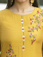 Juniper Mustard Mono Viscose Festive Wear Embroidered Straight Kurta Palazzo Dupatta Set - Distacart