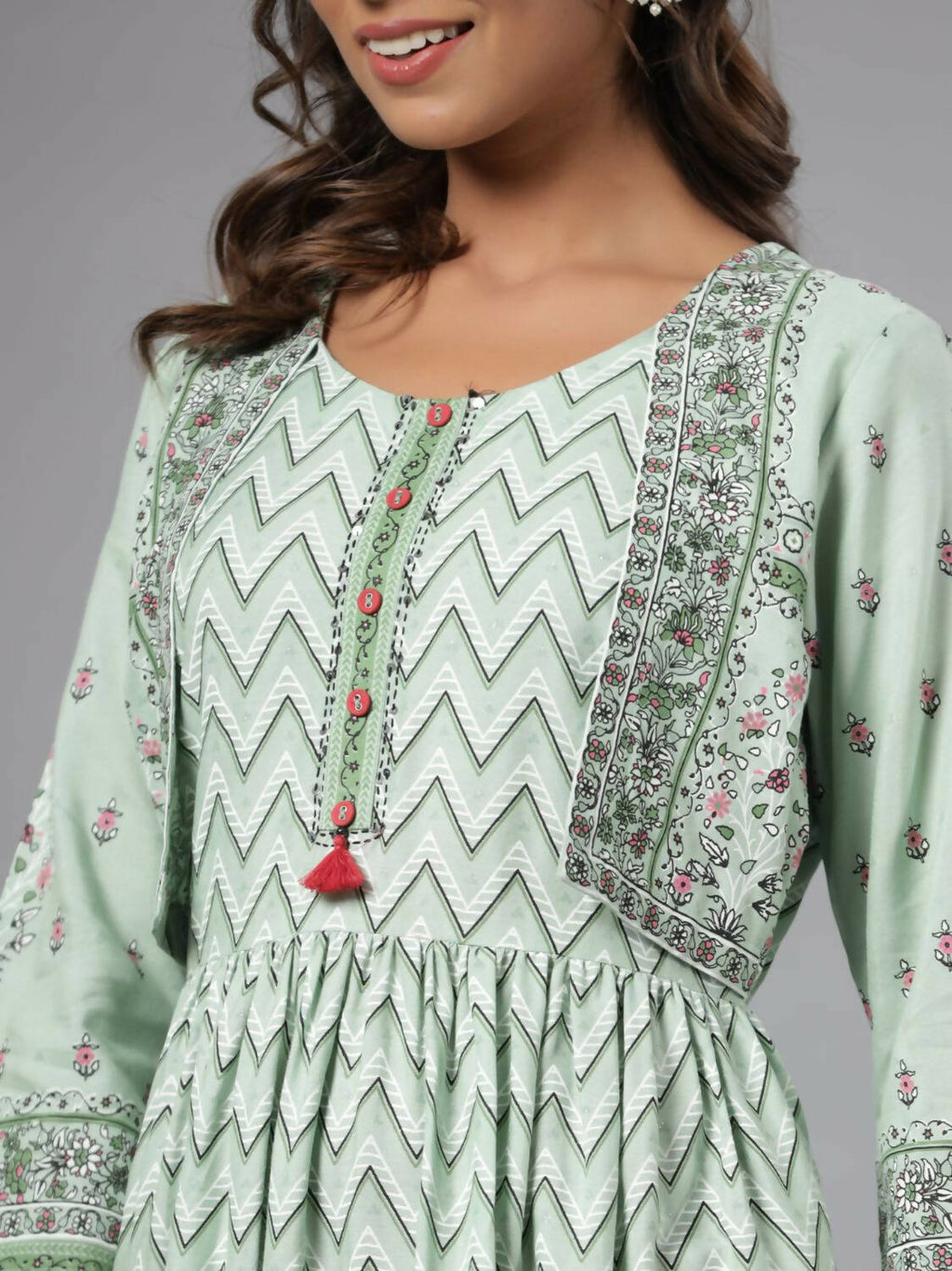 Juniper Women Sage Green Rayon Printed Jacket Style Midi Dress - Distacart