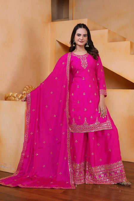 Teeya Creation Pink Color Chinon Silk Wedding Wear Trending Palazzo Set