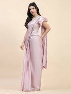 Light Pink Silk Satin Sequence Work Ready to Wear Saree with stitched Blouse - Nirvana