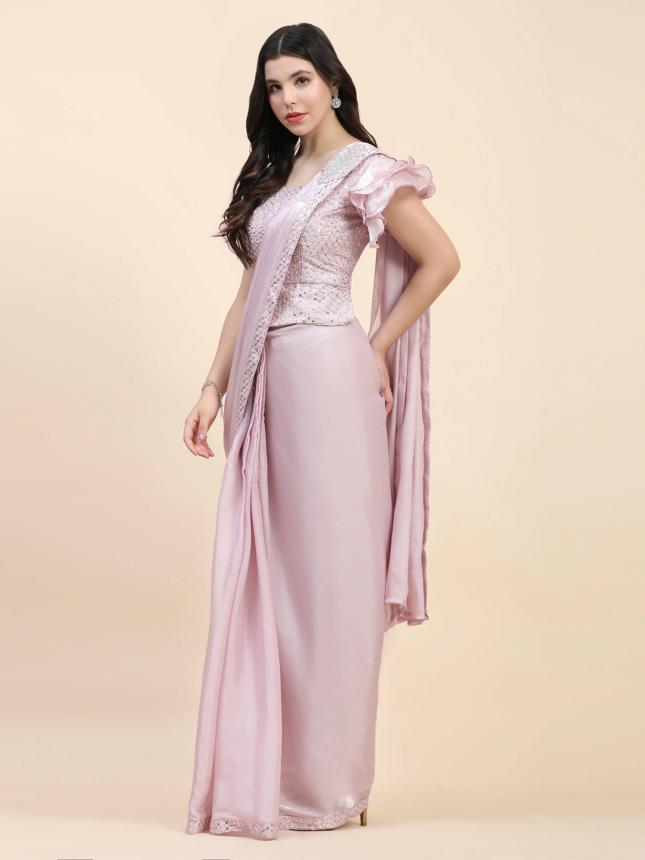 Light Pink Silk Satin Sequence Work Ready to Wear Saree with stitched Blouse - Nirvana