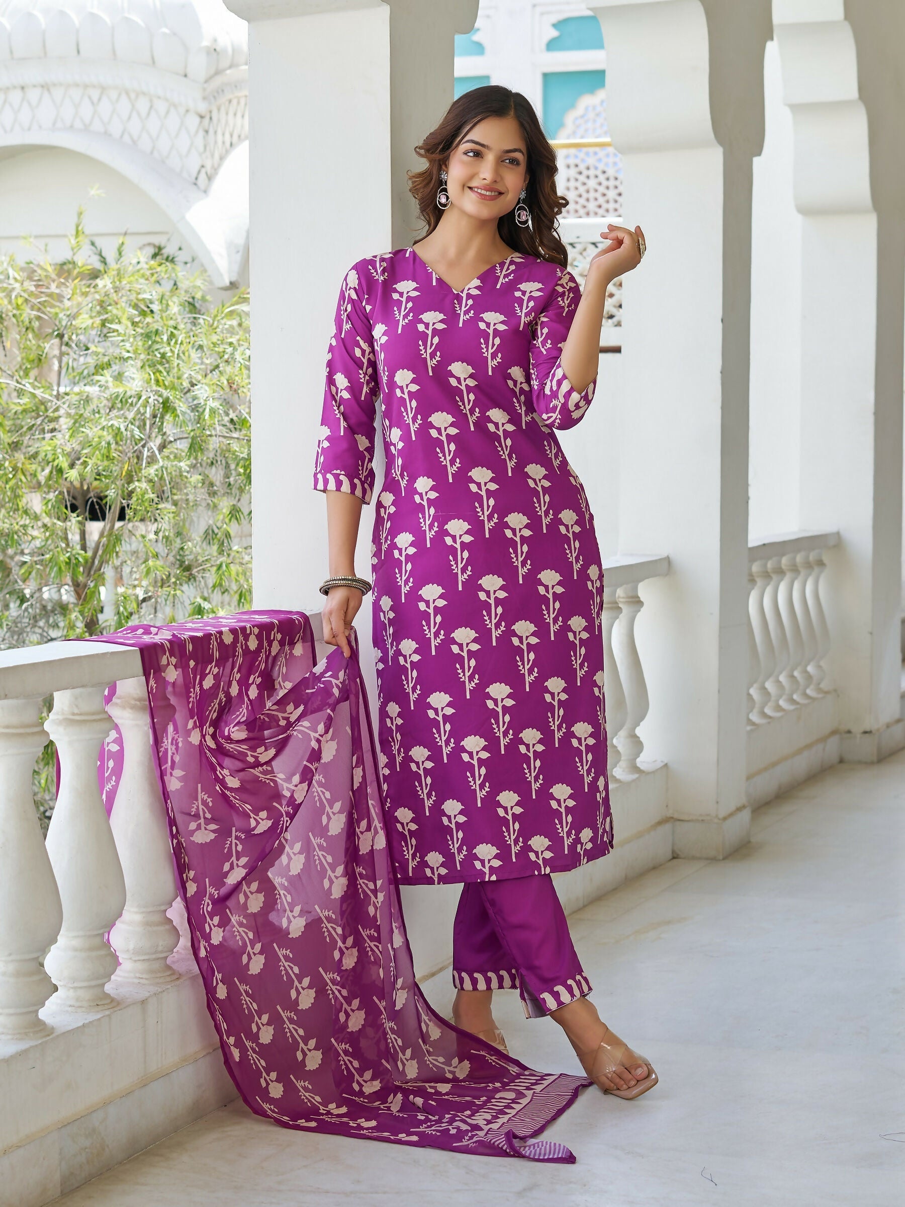 The52 Wine Women's Beautiful Cotton Blend Fabric Printed Work Straight Kurta, Pant and Dupatta Set - Distacart