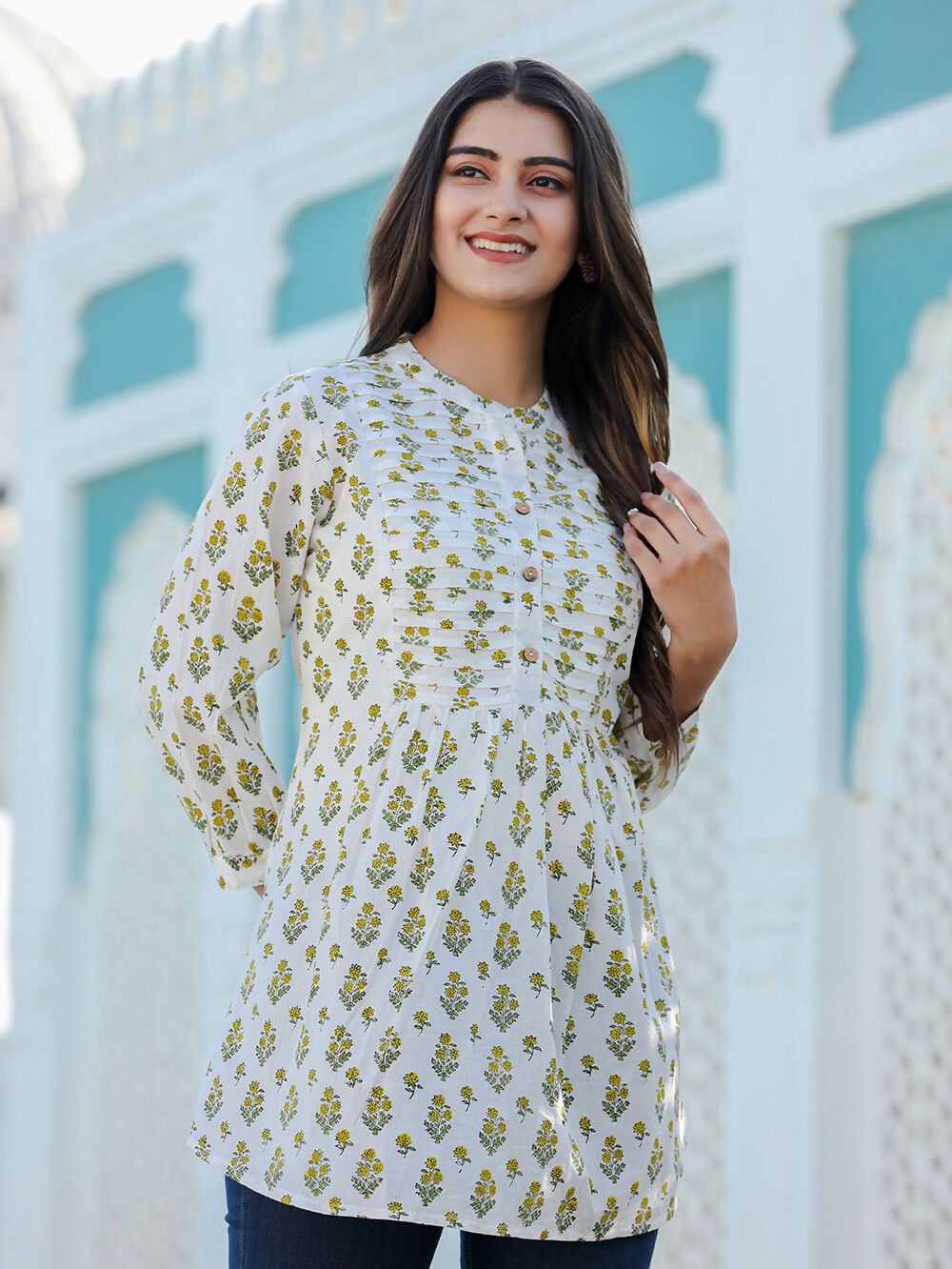Kaajh Women's Yellow-White Floral Hand Block Printed Cotton Top