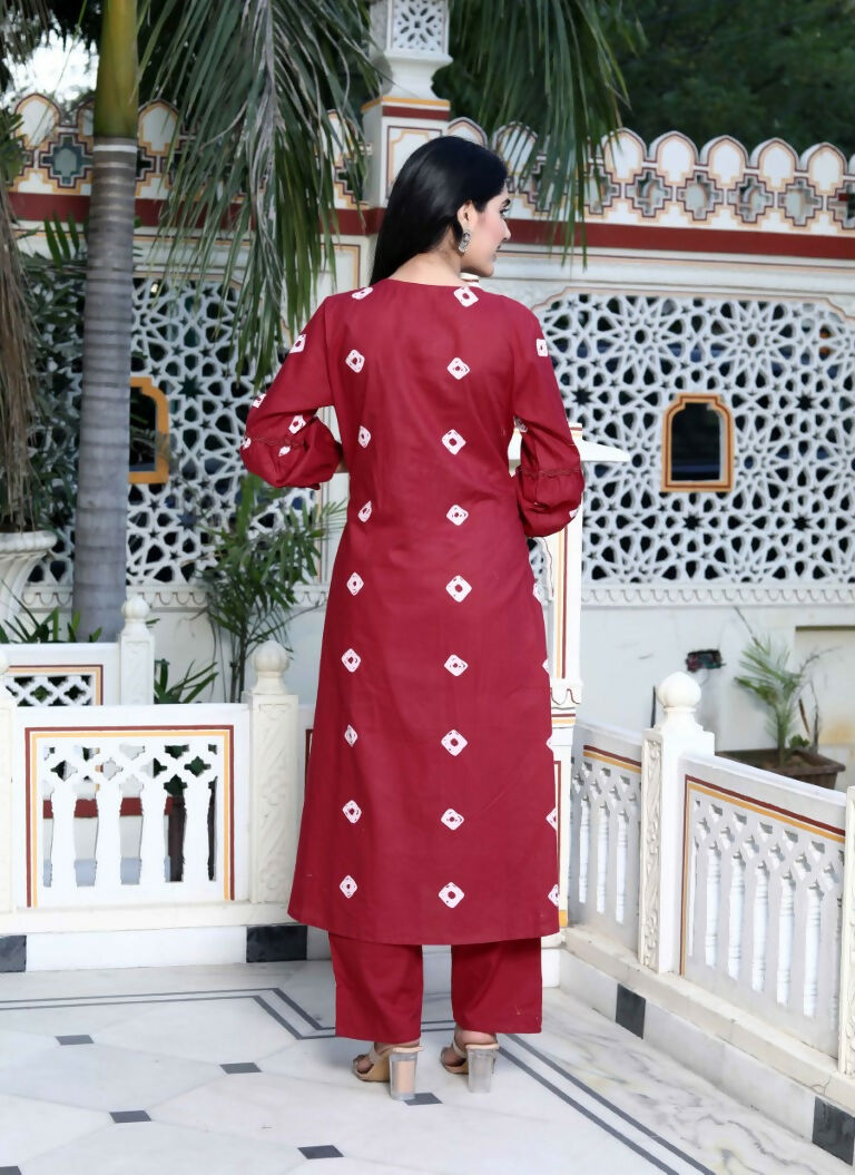 Miravan Women's Red Bandhani Printed Moti And Chikan Embroidered & Lace Work A Line Palazzo Set