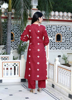 Miravan Women's Red Bandhani Printed Moti And Chikan Embroidered & Lace Work A Line Palazzo Set