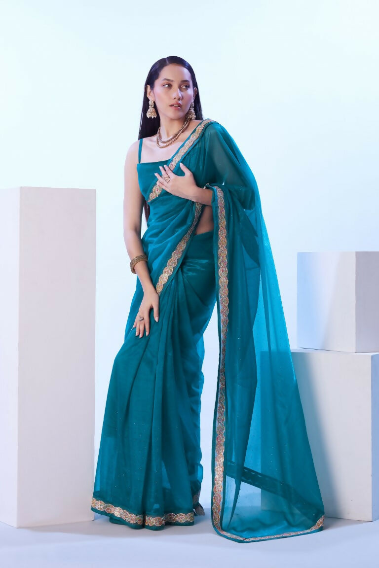 Firozi C/H Net Solid Designer & Lace Work Saree - Samaa