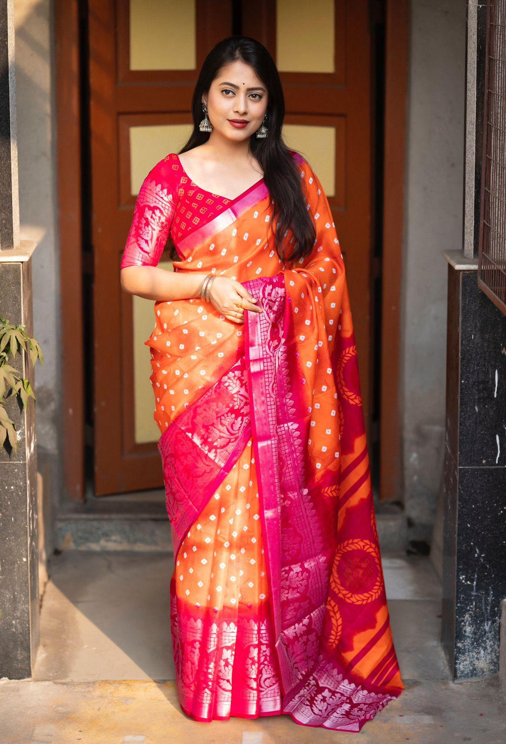 Orange Jute Silk Printed Saree with Unstitched Blouse - Hiral Fashion