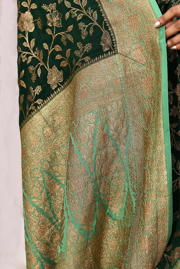 Joban Fashion Emerald Green Crepe Chiffon Pure Handloom Banarasi Silk Saree