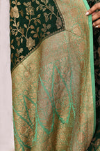 Joban Fashion Emerald Green Crepe Chiffon Pure Handloom Banarasi Silk Saree