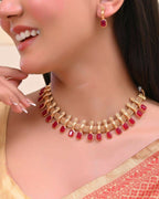 VOJ Gold-Polished Traditional Maroon Stone Studded Necklace And Earrings Set