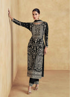 Vastranavya Black Chinon Silk Embroidered Sequins Pakistani Straight Pant Suit