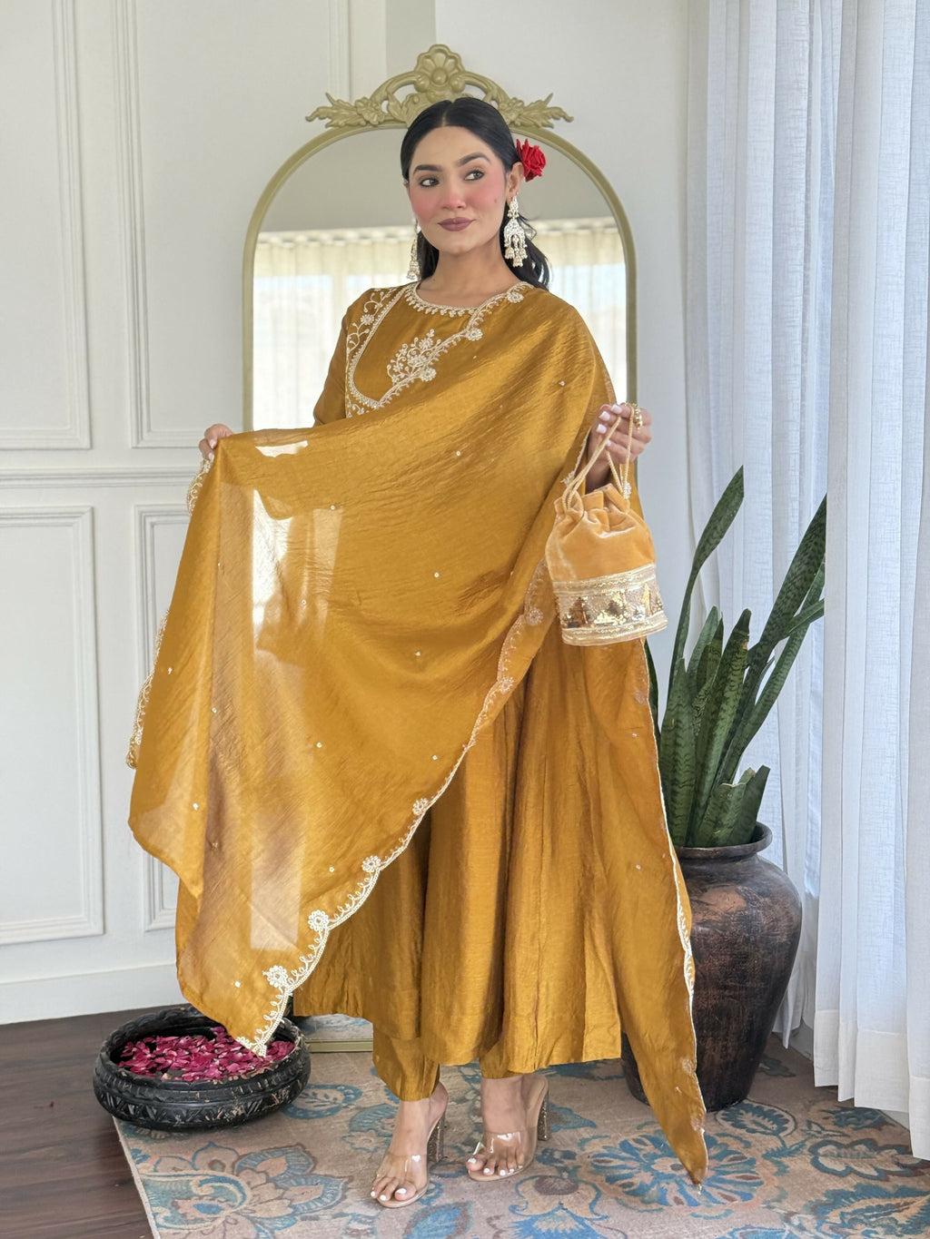 The52 Mustard Women's Gorgeous Embroidered Vichitra Silk Fabric Flared Kurta Pant with Dupatta Set - Distacart