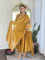 The52 Mustard Women's Gorgeous Embroidered Vichitra Silk Fabric Flared Kurta Pant with Dupatta Set - Distacart