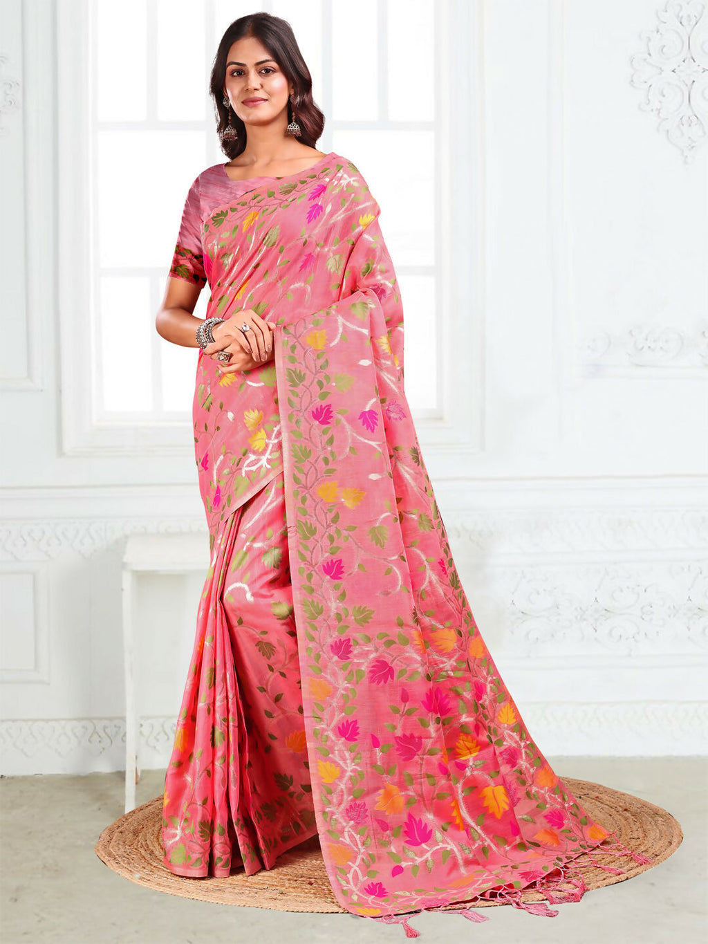 Shree Shyam Fashion Linen Cotton Pink Saree - Distacart