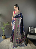 Joban Fashion Navy Blue Elephant & Floral Motifs Soft Lichi Silk Banarasi Saree - Distacart