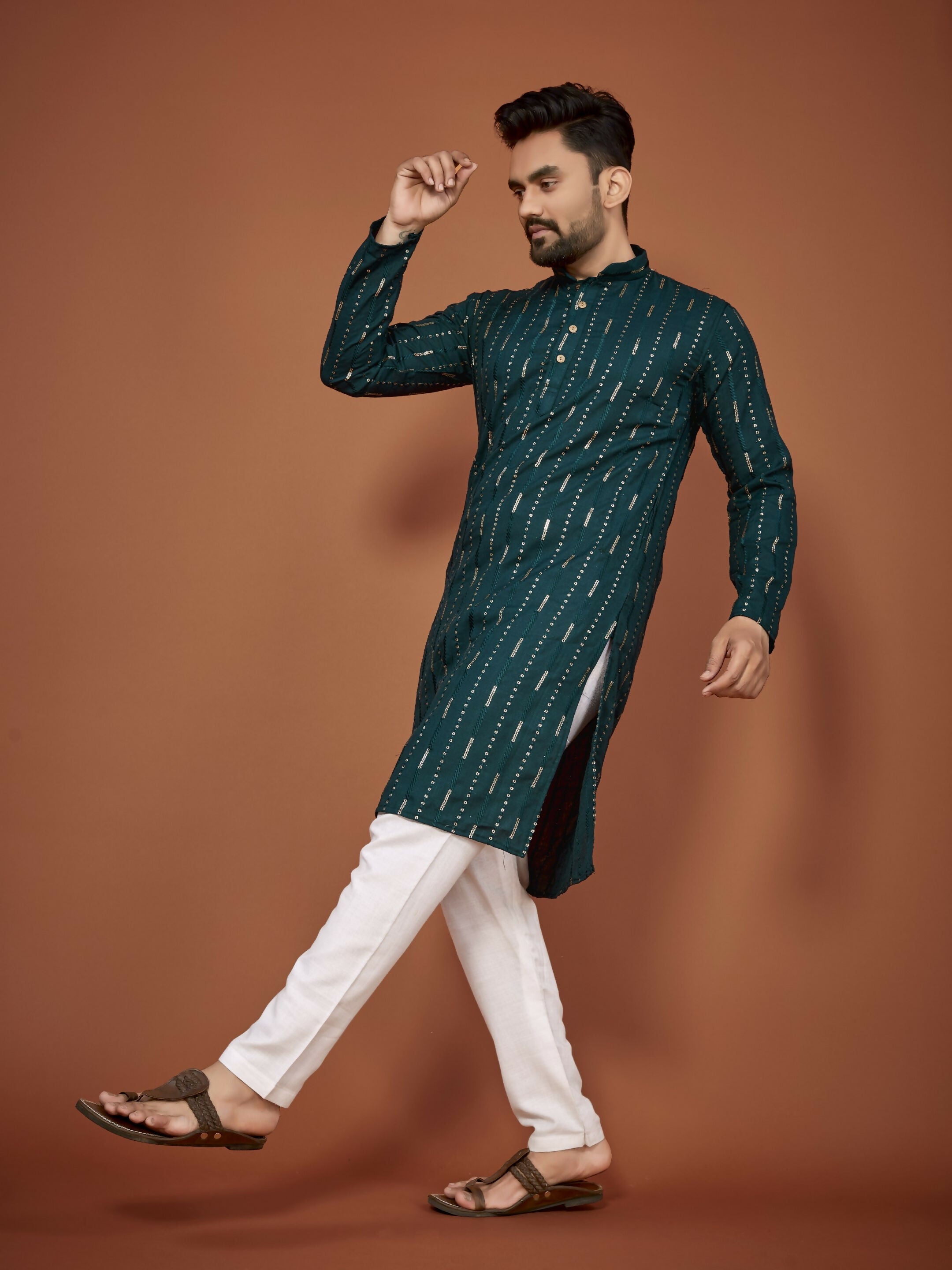 Anaita Teal Embroidered Cotton Straight Kurta