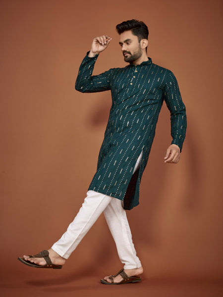 Anaita Teal Embroidered Cotton Straight Kurta