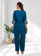 Joban Fashion Teal Linen Embroidered Readymade Cord Set - Distacart