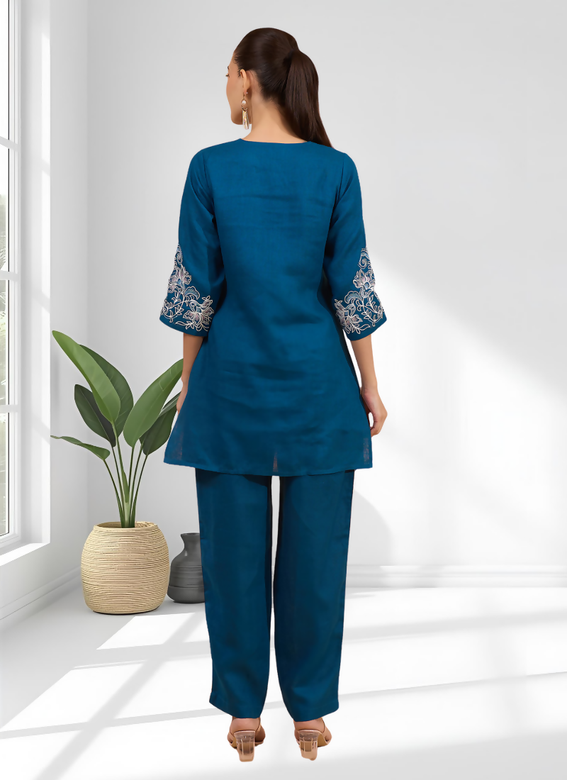 Joban Fashion Teal Linen Embroidered Readymade Cord Set - Distacart