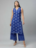 Ahalyaa Womens Indigo Blue Pure Cotton Printed Kurta Palazzo Set - Distacart