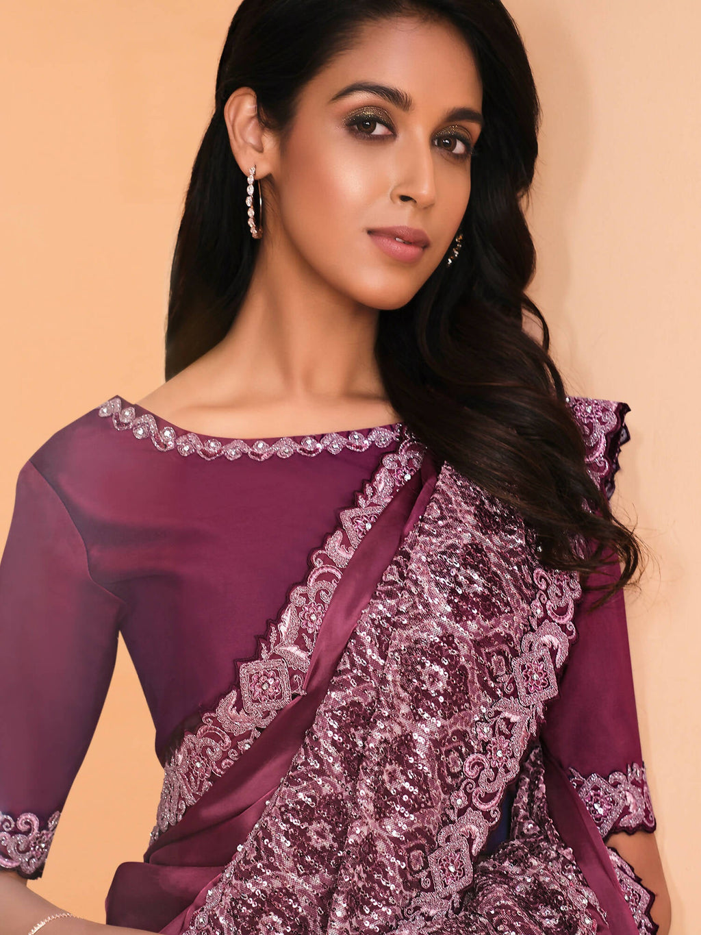Maroon Satin Crepe Silk Sequence Embroidered Saree With Unstitched Blouse - Mohmanthan Yavanika
