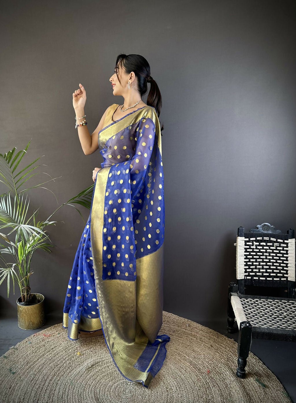 Joban Fashion Royal Blue Polka-Dot Zari Woven Organza Silk Banarasi Silk Saree - Distacart