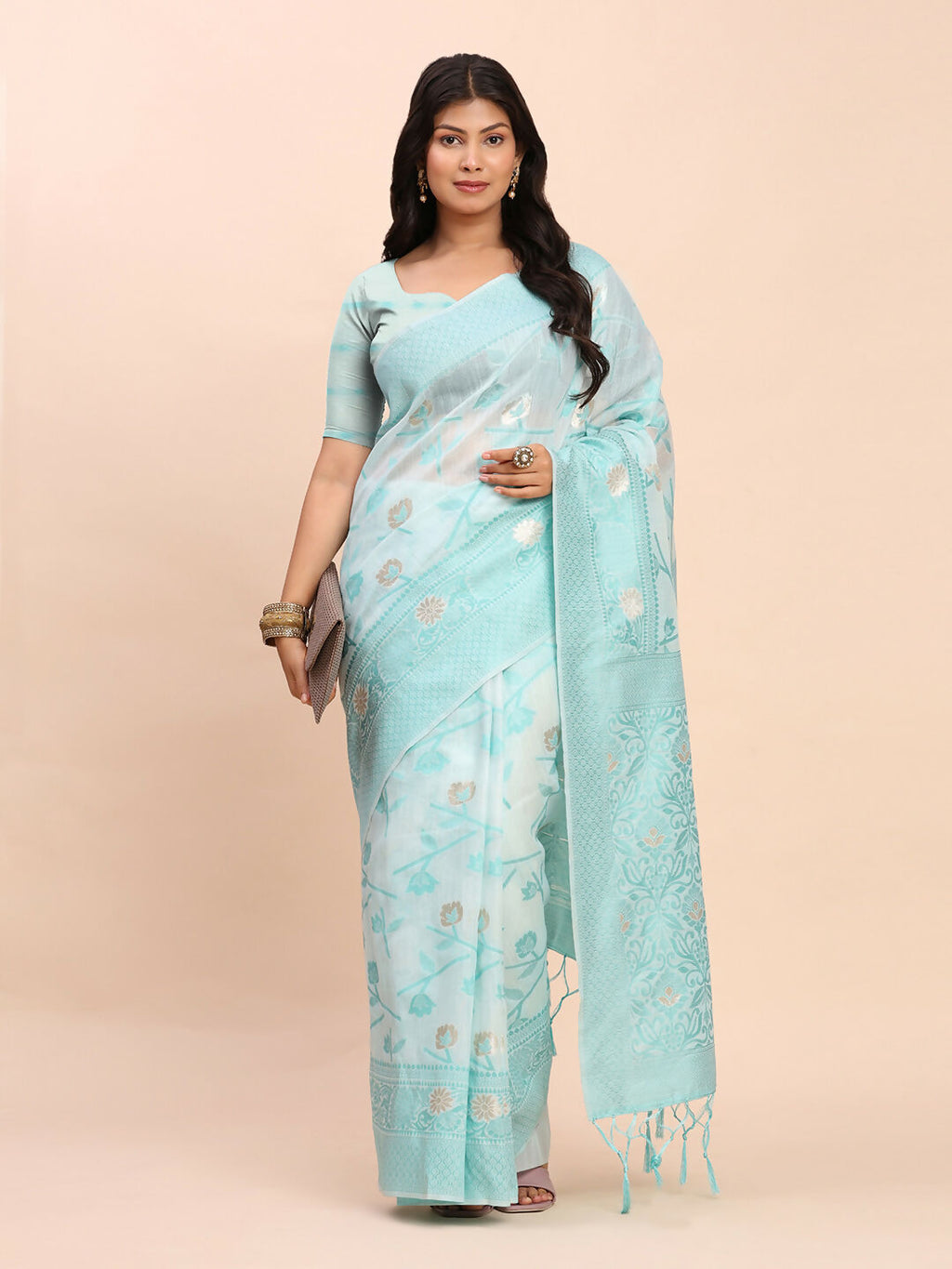 Shree Shyam Fashion Linen Cotton Sky Blue Saree - Distacart