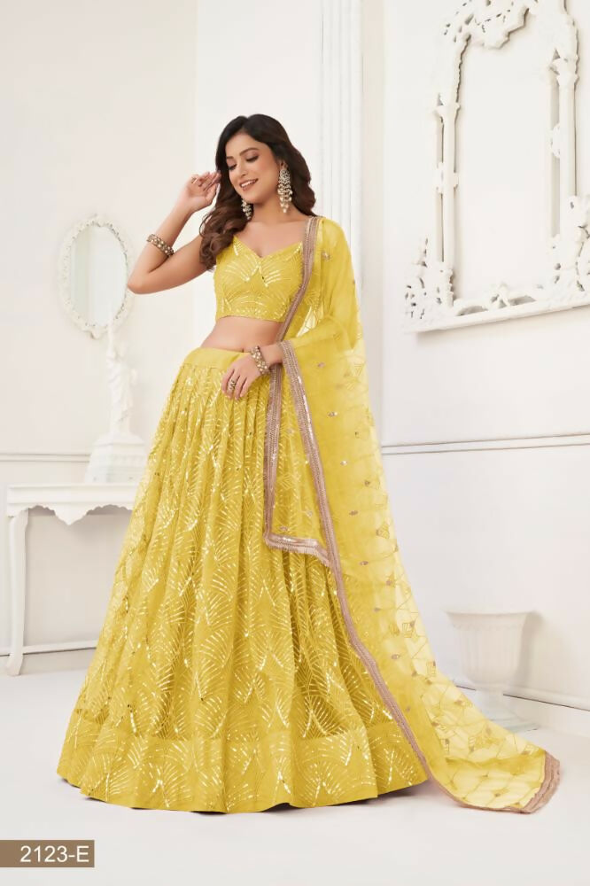Aastha Fashion Yellow Butterfly Net Tone To Tone Thread Work, Sequence Work And Original Mirror Work Embroidery Wedding Wear Lehenga Choli