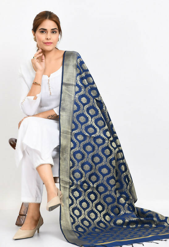 Mominos Fashion Moeza Women's Banarsi Silk All Over Woven Design Navy Blue Dupatta - Distacart