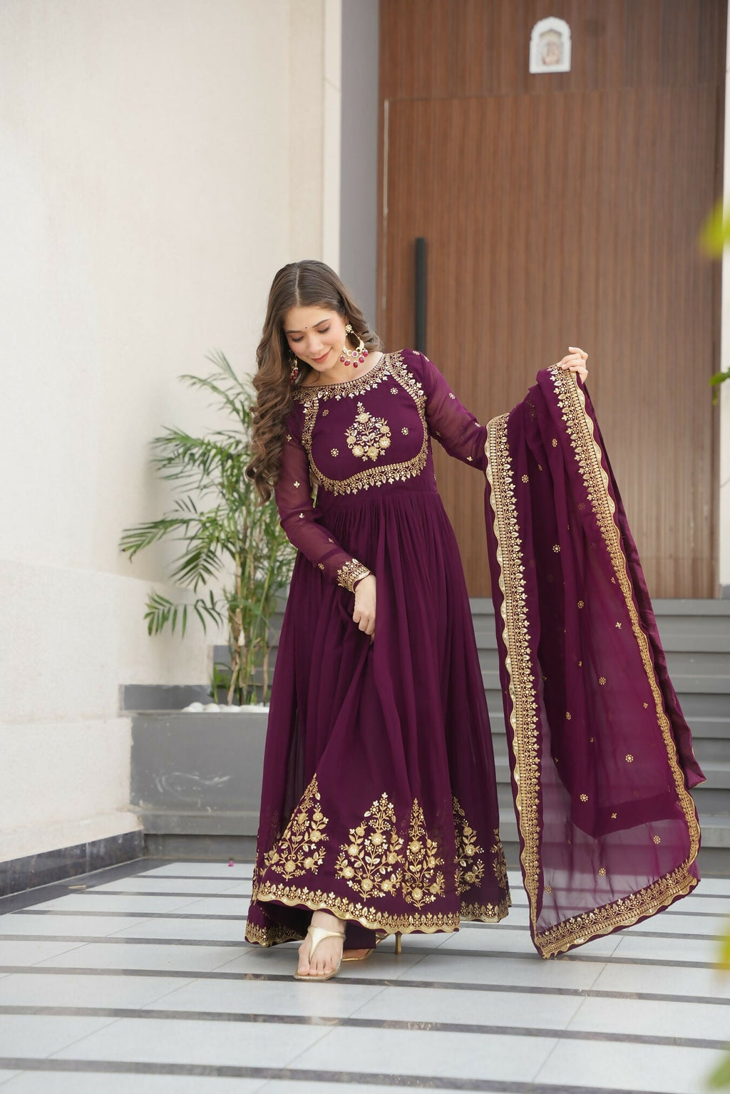 Joban Fashion Wine Georgette Sequence Embroidery Work Kurta Set - Distacart