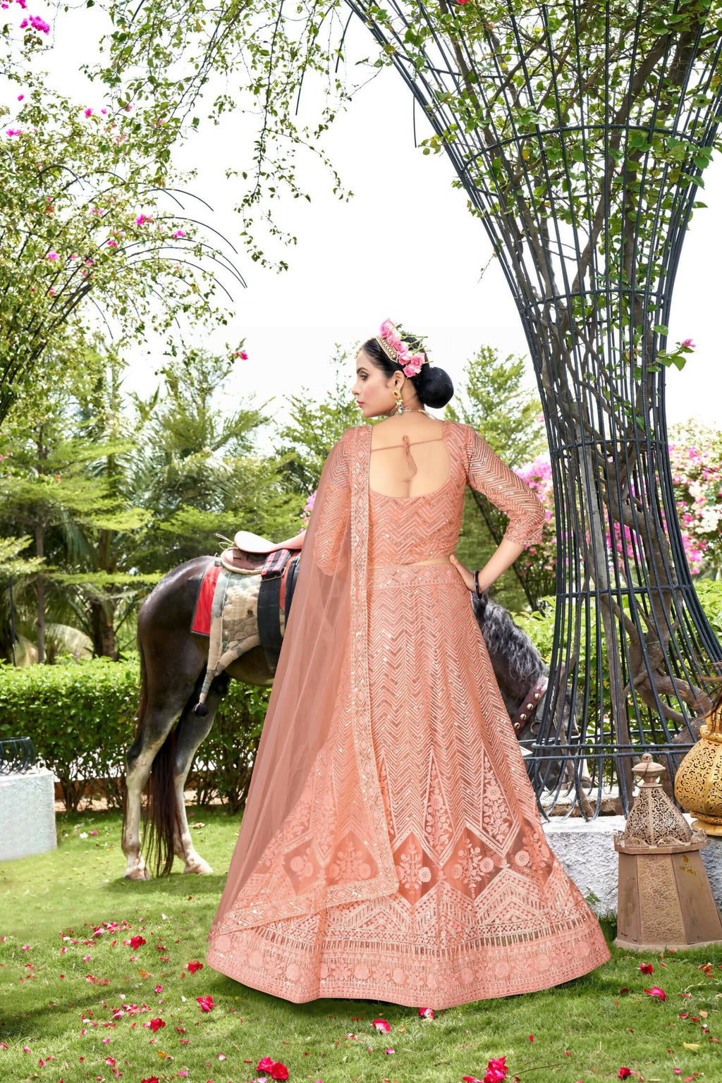 Peach Net Embroidered Semi Stitched Lehenga Choli with Dupatta - Bhagya