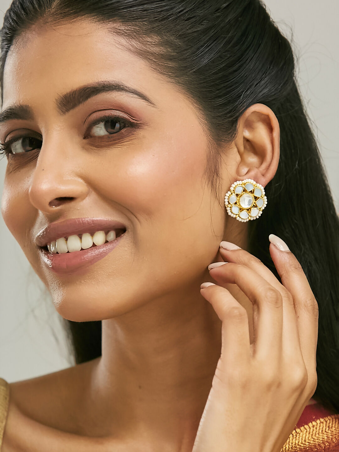Nuyug 22K Gold-Plated Elegant Kundan Studded & Pearls Beaded Floral Studs - Distacart