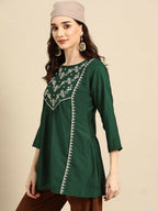 Women's Dark Green Viscose blend Embroidered Short Top - Marina