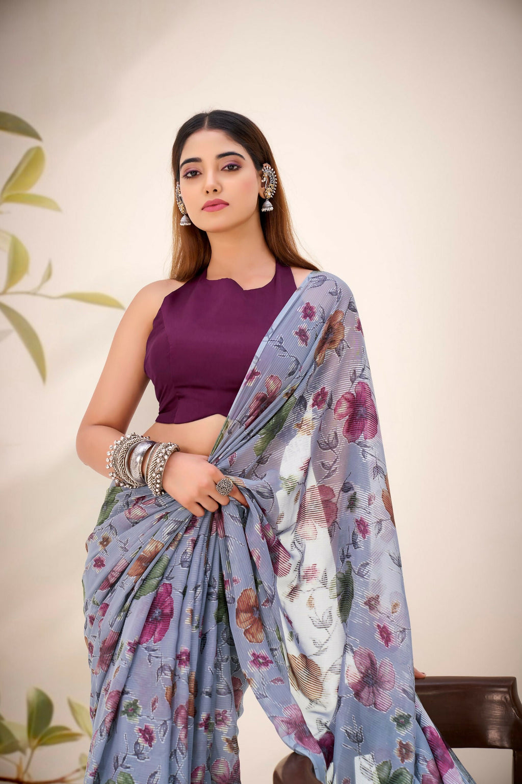 Vastranavya Grey Lurex Brasso Floral Printed Saree with Unstitched Blouse - Distacart
