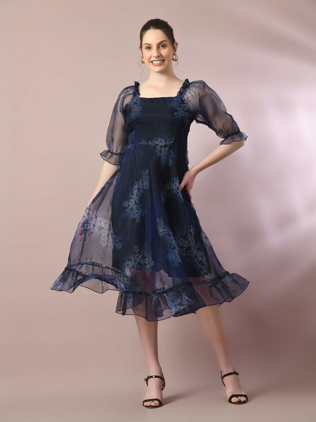 Myshka Women's Navy Blue Printed Square Neck Fit and Flare Party Dress - Distacart
