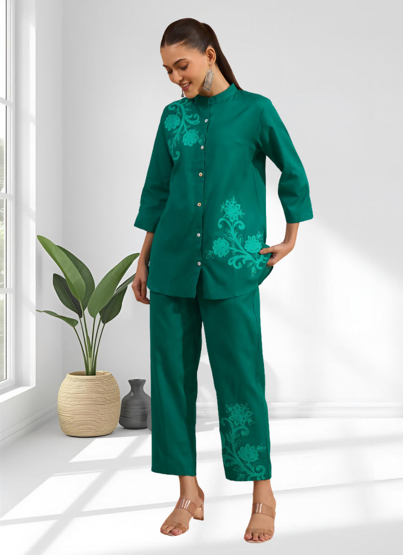 Joban Fashion Green Cotton, Linen Embroidered Readymade Cord Set - Distacart