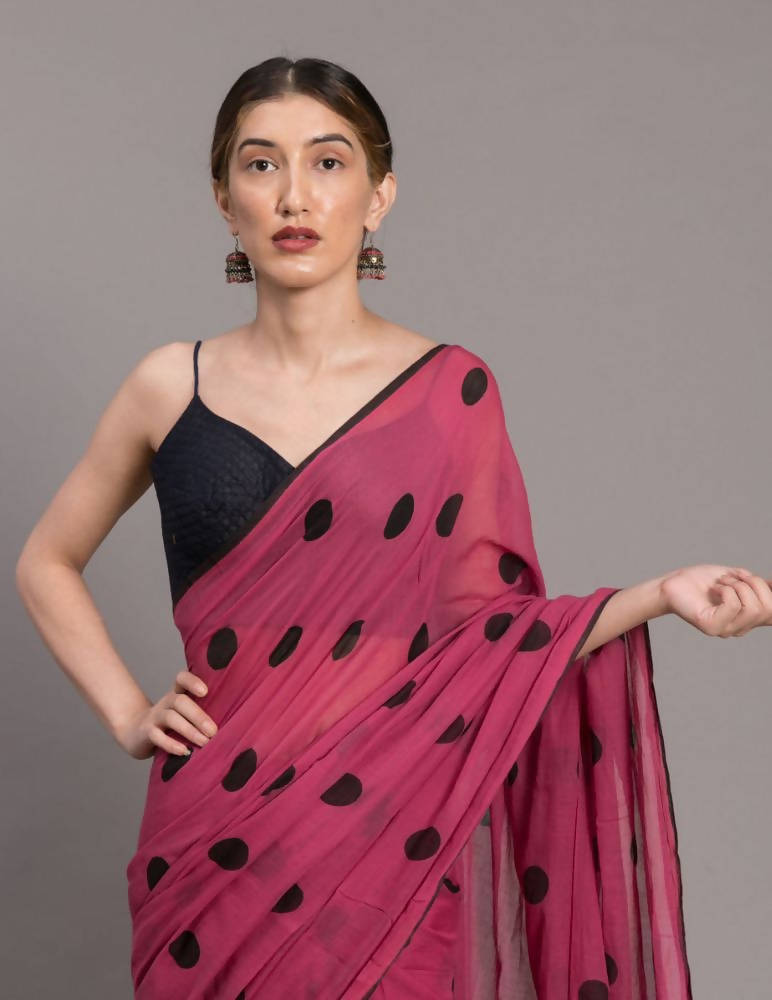 Suta Pink Black Polka Printed Pure Cotton Saree - Distacart