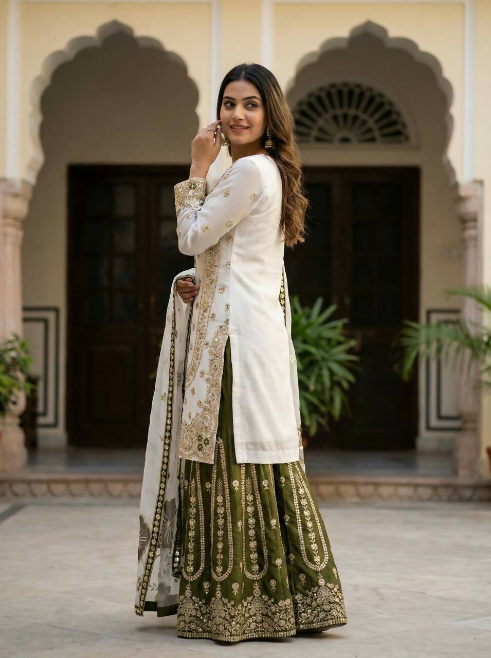 Teeya Creation Green Gimmy Silk Designer Embroidery Work Wedding Wear Palazzo Pair - Distacart