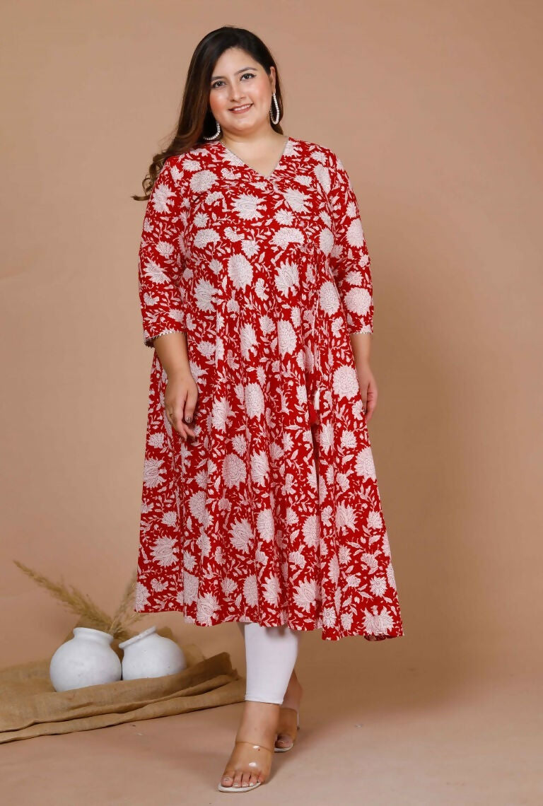 Miravan Women's Plus Size Pure Cotton Floral Printed Anarkali Kurta