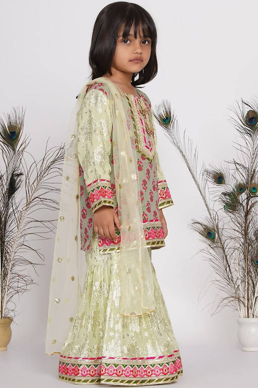 Little Bansi Girls Banarsi Cotton Turkish Lacework Kurta with Foil Sharara & Dupatta - Green