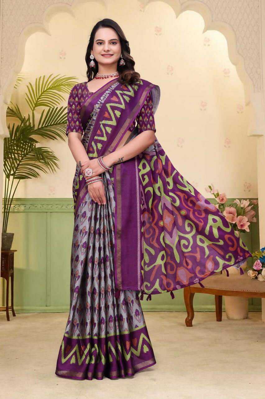 Prime Volt Mal Cotton Purple Ethnic Printed Saree with Designer Blouse Piece - Distacart