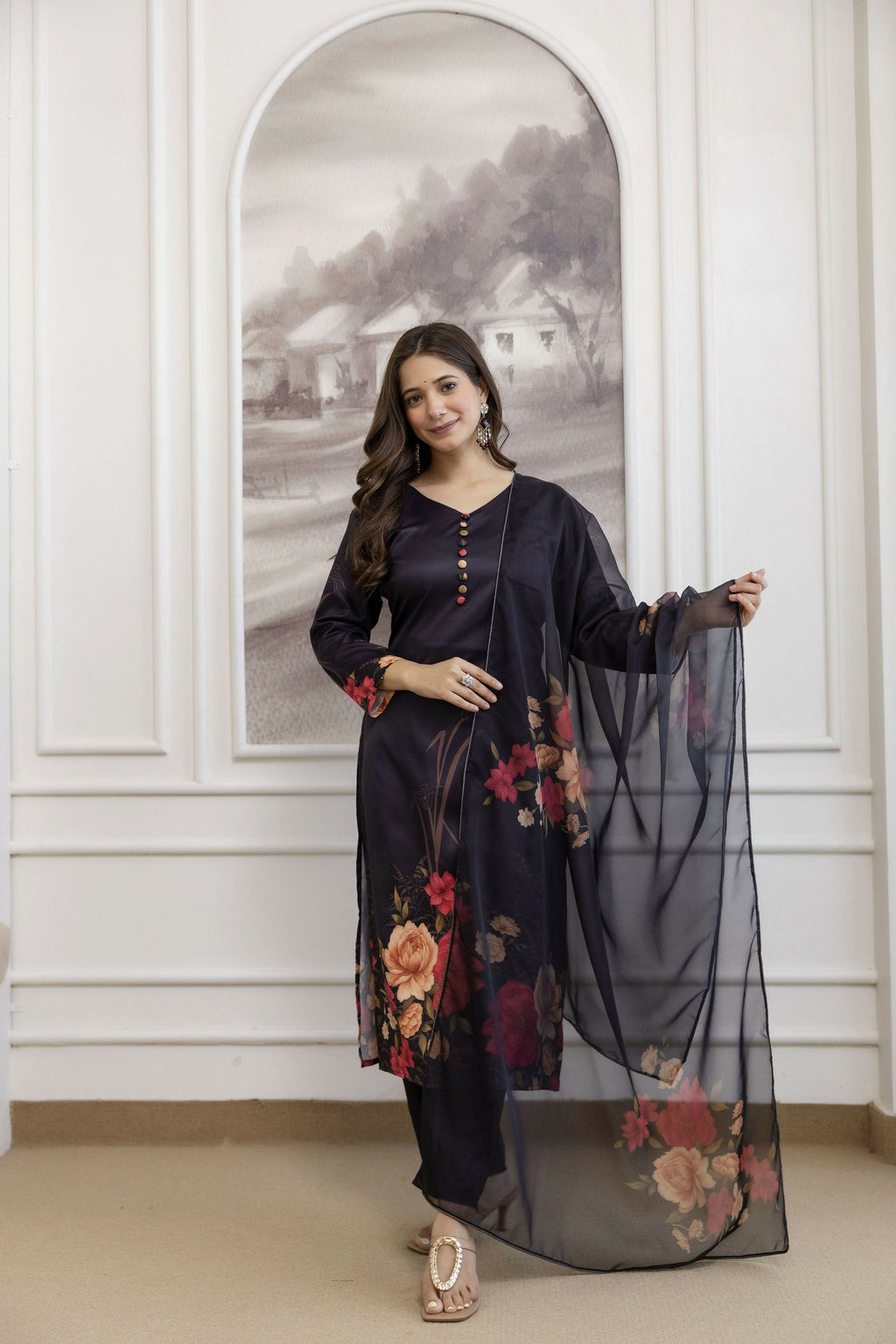 The52 Women's Beautiful Soft Assam Fabric Printed Work A-line Kurta Pant and Dupatta Set - Distacart